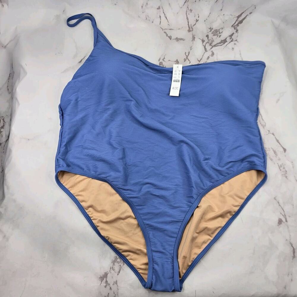 J Crew One Piece One Shoulder Strap Blue Ribbed Bikini Swim Suit High Cut